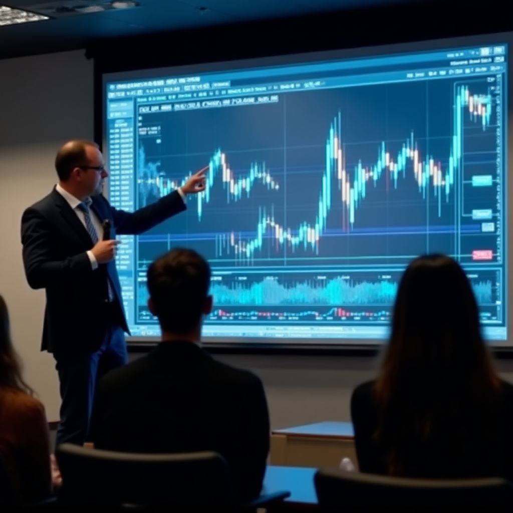 Un instructor explicando análisis técnico en una pantalla grande